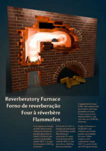 This scheme explains how a reverberatory furnace works. It uses wood as fuel and heats large quantities of metal with the flames only.